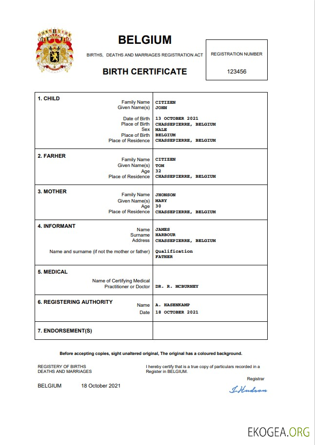 Acte d'état civil belge, acte de naissance Word et PDF